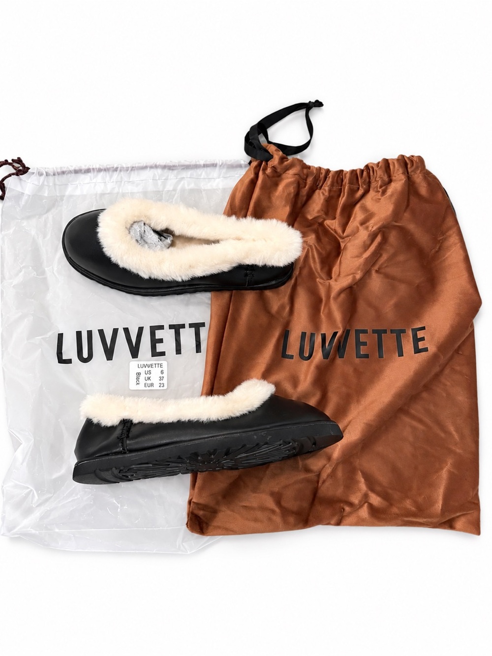 LUVVETTE Odette Faux Fur Trim Ballet Flats | Black | Size 6